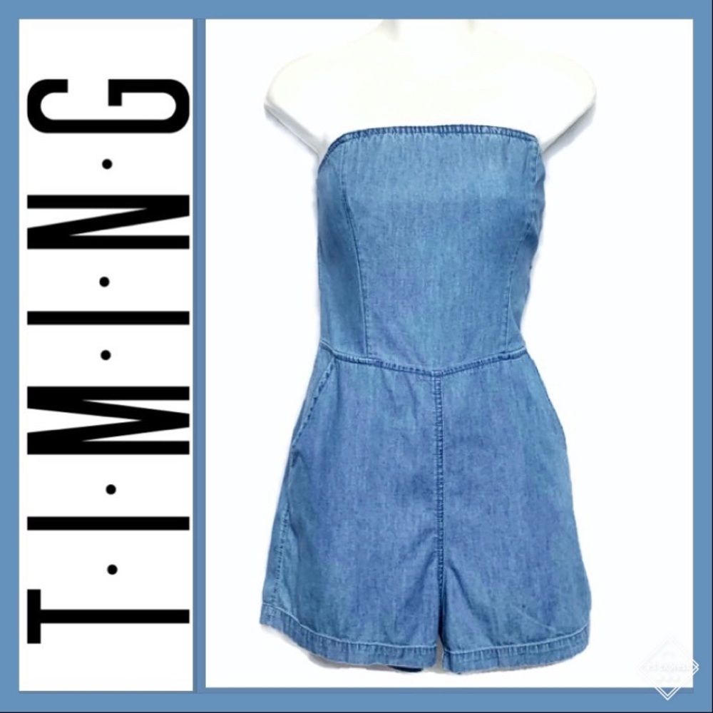 TIMING Chambray Strapless Tie Back Romper Sz M GUC